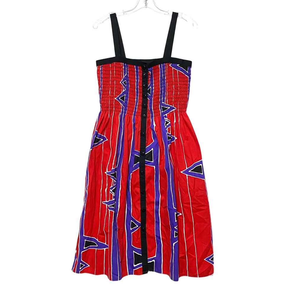 Bill Tice Vintage Smocked Geometric Sundress 4 Red Wearable Art Maximalist Boho